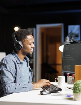 Computer specialist working on html programming script, person with IT expertise operating through terminal window. Self employed technician debugging server for security and privacy.